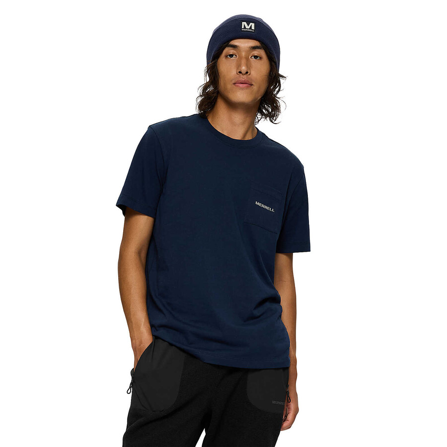 heren - relaxed t-shirt met korte mouwen en zakje - marineblauw met korte mouwen
