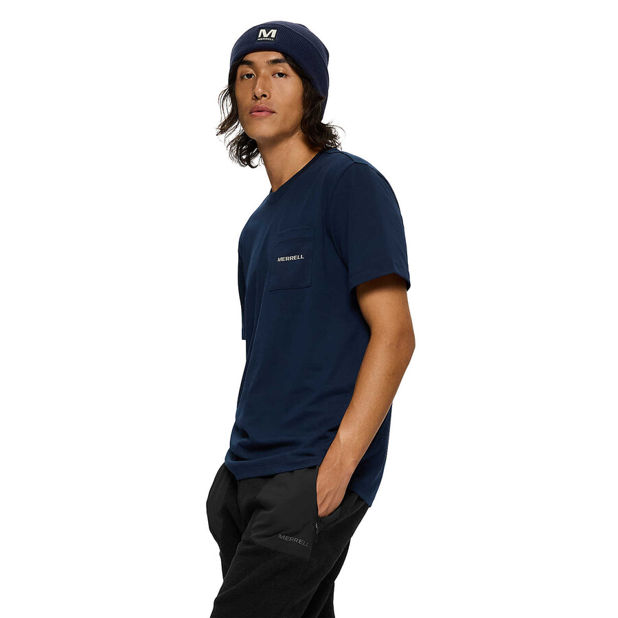 heren - relaxed t-shirt met korte mouwen en zakje - marineblauw met korte mouwen