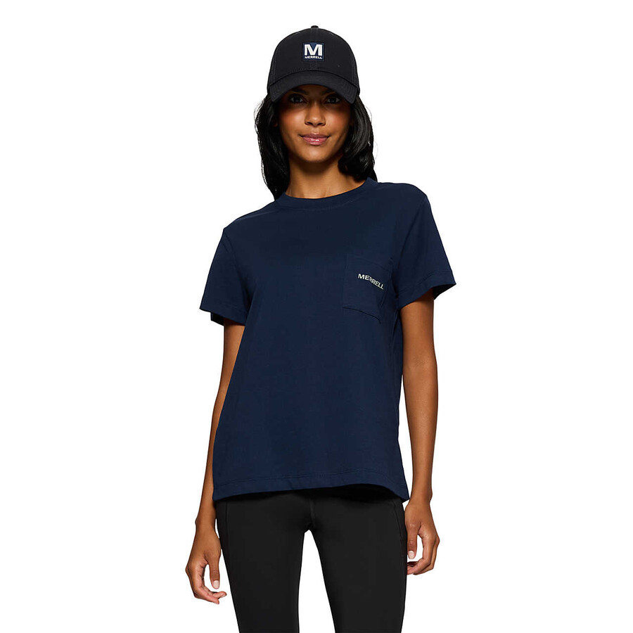 dames - relaxed t-shirt met zakje en korte mouwen - marineblauw met korte mouwen