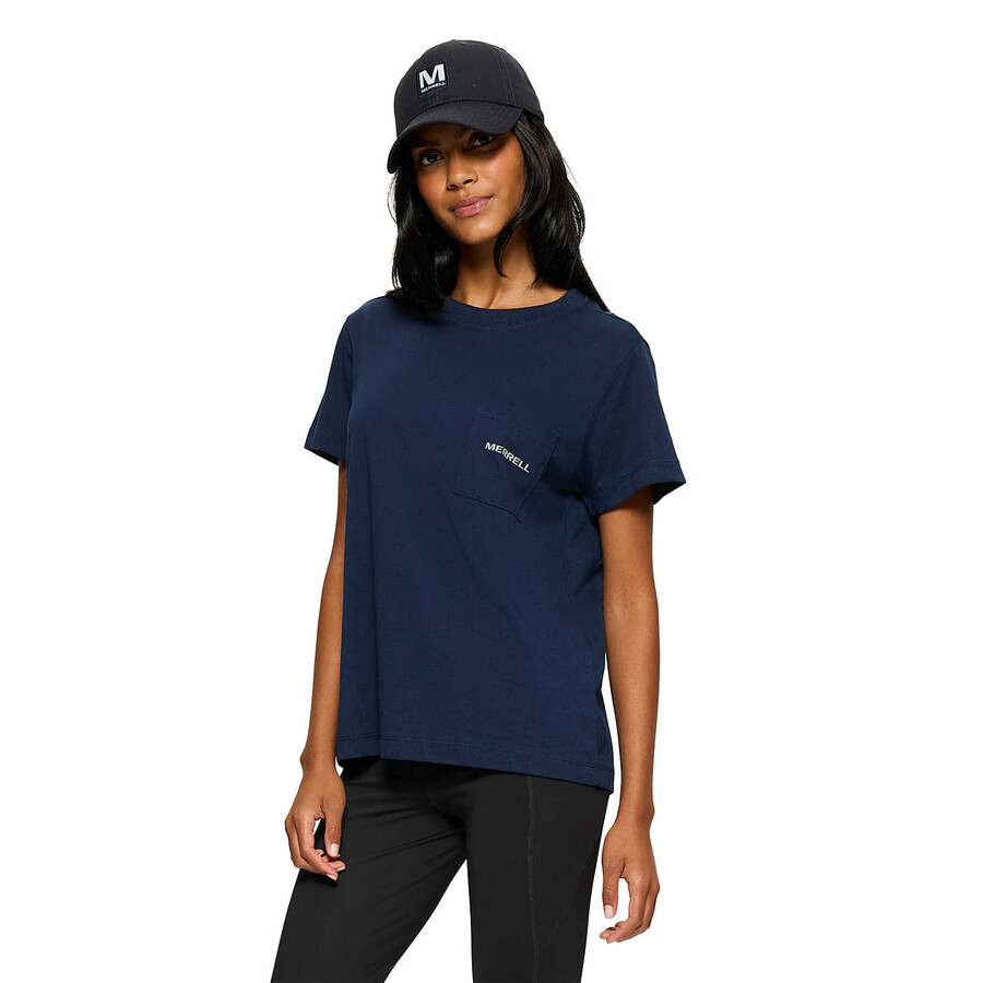dames - relaxed t-shirt met zakje en korte mouwen - marineblauw met korte mouwen